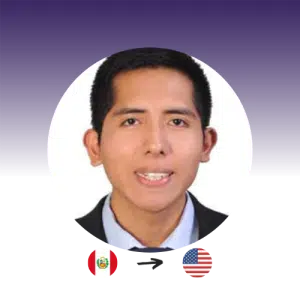 Photo of a man with short black hair smiling. Peru flag with an arrow pointing to the US flag.