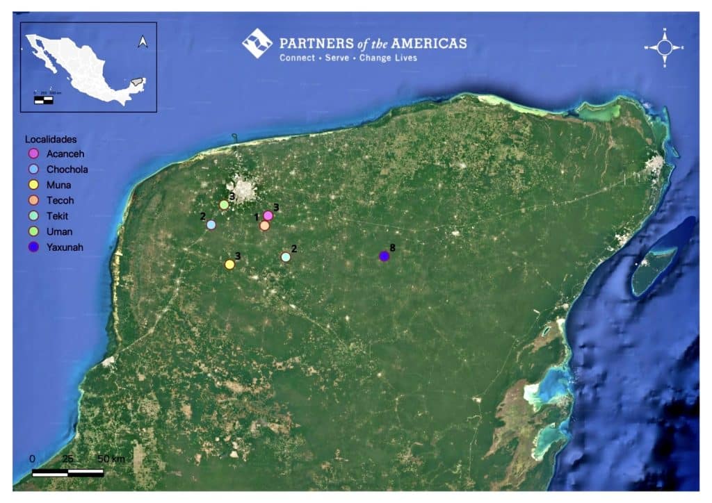 A map of the Yucatán Peninsula with circles over the communities being served.