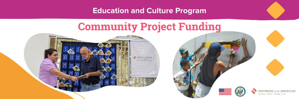 The photo says "Education and Culture Program Community Project Funding." There are two pictures. One of a man and a woman holding cards in front of a board game. The other picture is a group of men and children spray painting something on a wall.